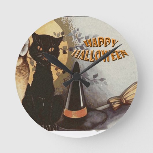 フクロウとネコハロウィン ラウンド壁時計 (正面)