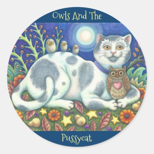 フクロウとプシcatフォークアートキャットシール ラウンドシール (正面)
