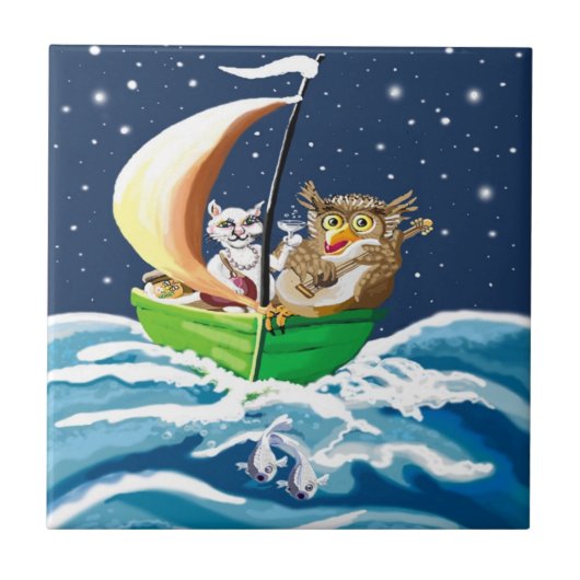 フクロウとプッシェット・エドワード・リア タイル (正面)