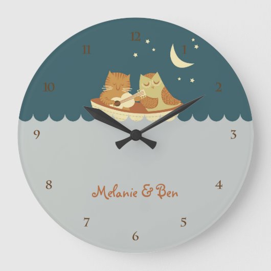 フクロウとプッシェット（シーブルー） ラージ壁時計 (正面)