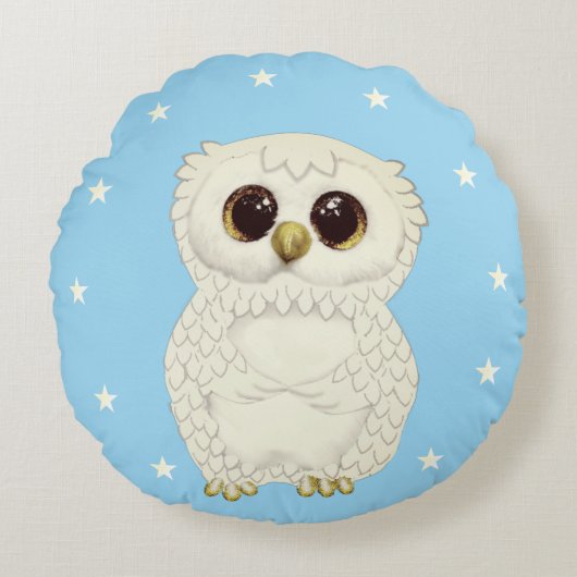 フクロウとライトブルーの星 ラウンドクッション (正面)