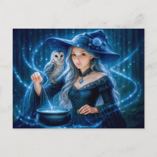 フクロウと大釜を持つ銀髪の魔女 シーズンポストカード
