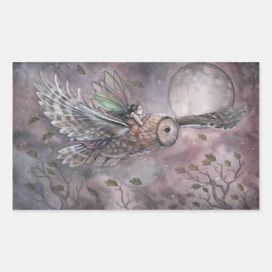 フクロウと妖精の幻想的なアートステッカー 長方形シール (正面)