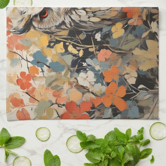 フクロウと春絵を描の花 キッチンタオル (折り畳み)