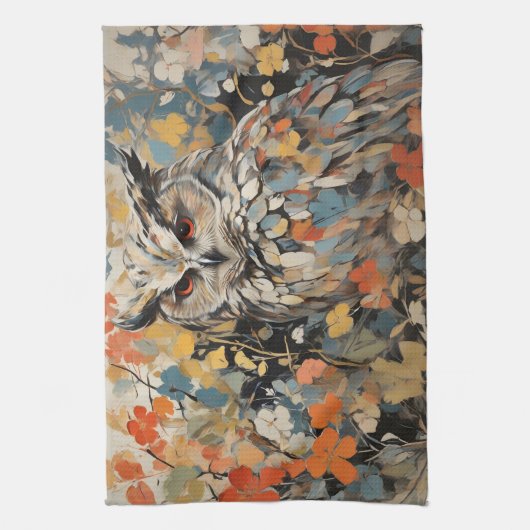 フクロウと春絵を描の花 キッチンタオル (縦)