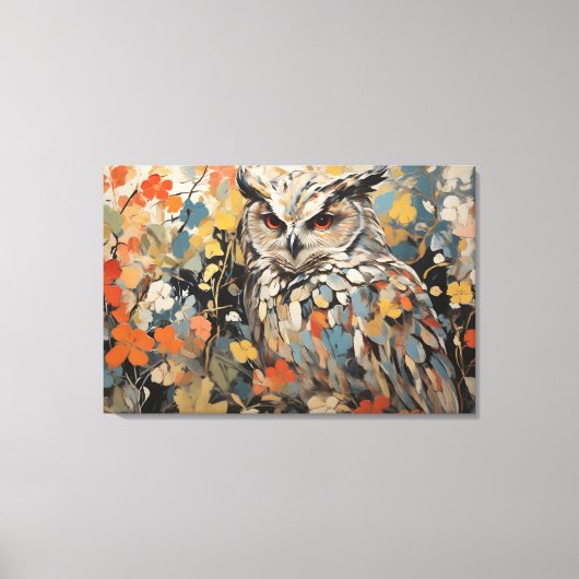 フクロウと春絵を描の花 キャンバスプリント (正面)