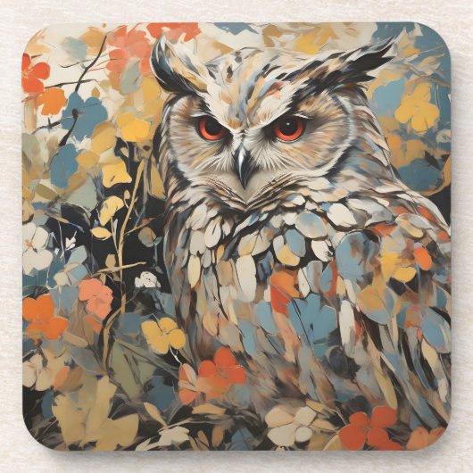 フクロウと春絵を描の花 コースター (正面)
