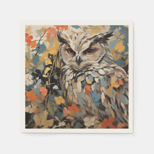 フクロウと春絵を描の花 スタンダードカクテルナプキン (正面)