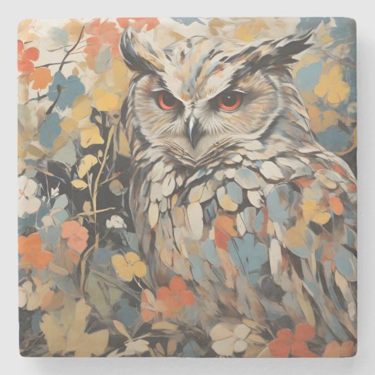 フクロウと春絵を描の花 ストーンコースター (正面)