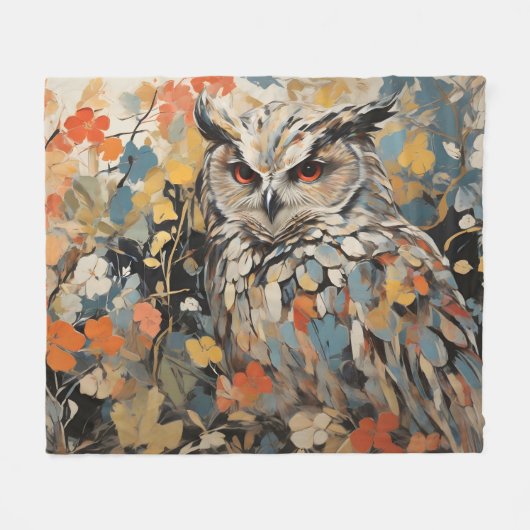 フクロウと春絵を描の花 フリースブランケット (正面(横))