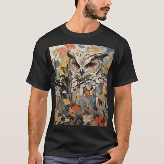 フクロウと春絵を描の花 Tシャツ (正面)