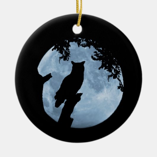 フクロウと月による冬至の祝福 セラミックオーナメント (正面)