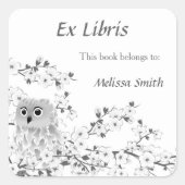 フクロウと桜の花のEx Librisブックプレート スクエアシール (正面)