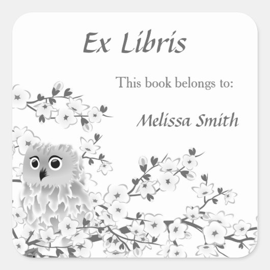 フクロウと桜の花のEx Librisブックプレート スクエアシール (正面)