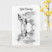 フクロウと翼のあるオオカミ冬至ユール(キリスト降誕祭) カード (黄色い花)