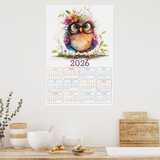 フクロウと花のカレンダー 2026年 ポスター (キッチン)