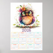 フクロウと花のカレンダー 2026年 ポスター (正面)