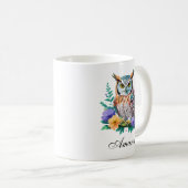 フクロウと花カラフル水色 コーヒーマグカップ (正面右)