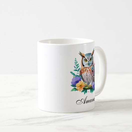 フクロウと花カラフル水色 コーヒーマグカップ (正面右)