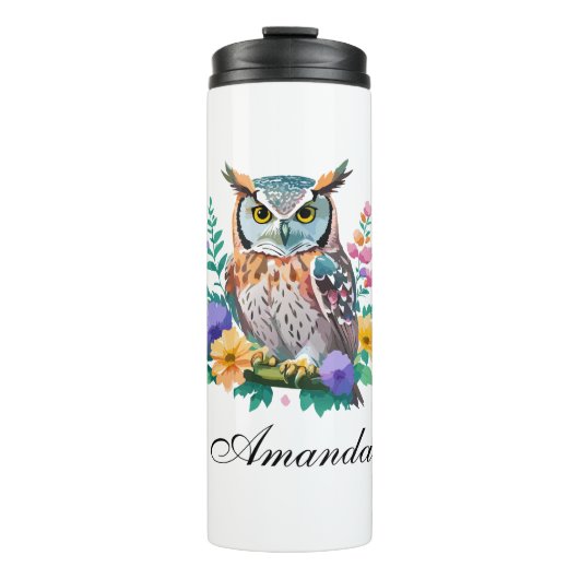 フクロウと花カラフル水色 タンブラー (正面)