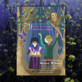 フクロウと蝶の本交換誕生日招待状 招待状