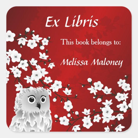 フクロウと赤さくらんぼ花Ex Libris名前を追加 スクエアシール (正面)