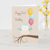 フクロウと風船との最初の誕生日のためのカード カード (黄色い花)