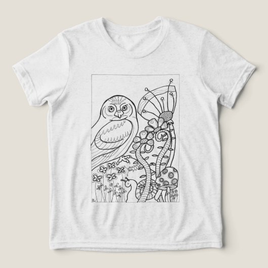 フクロウにファンタジーの花を付けて色をつける トライブレンドＴシャツ (デザイン正面)