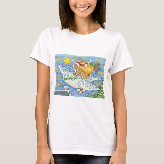 フクロウに乗ったサンタクロースのウサギのクリスマス Tシャツ (正面)