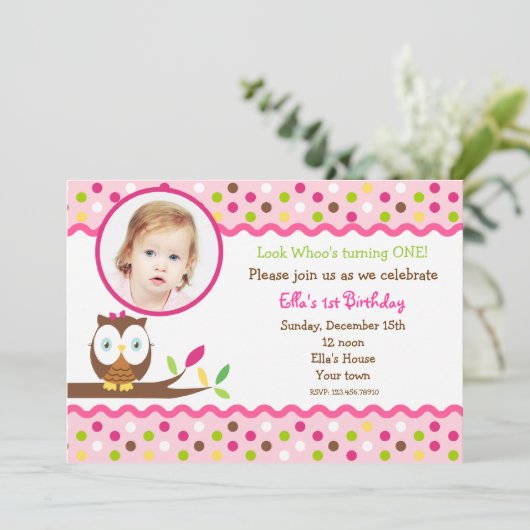 フクロウのかわいい写真カスタムバースデーパーティ招待状 招待状 (スタンド正面)