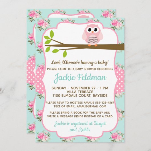 フクロウのぼろぼろのシックなベビーシャワーの招待状をカスタマイズ 招待状 (正面/裏面)