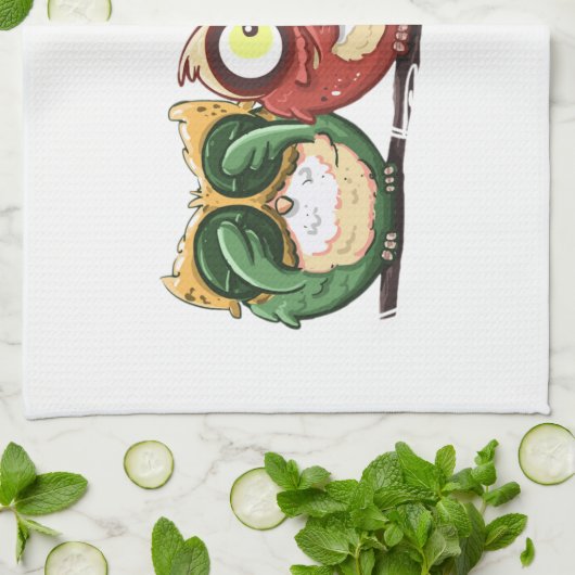 フクロウのやじり声は悪を聞いてはいけないことを話すためにことを見ます キッチンタオル (折り畳み)