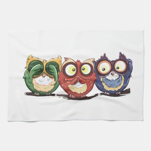 フクロウのやじり声は悪を聞いてはいけないことを話すためにことを見ます キッチンタオル (横)