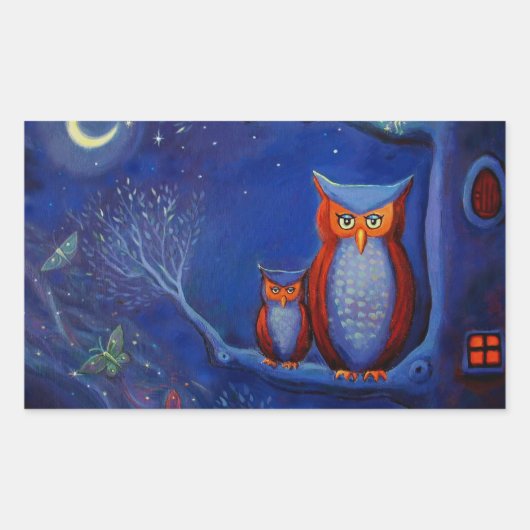 フクロウのアートステッカー「夜の森」 長方形シール (正面)