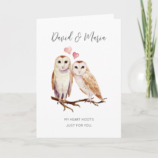 フクロウのカップル 私のハートは鳴いてる 結婚記念日 カード (正面)