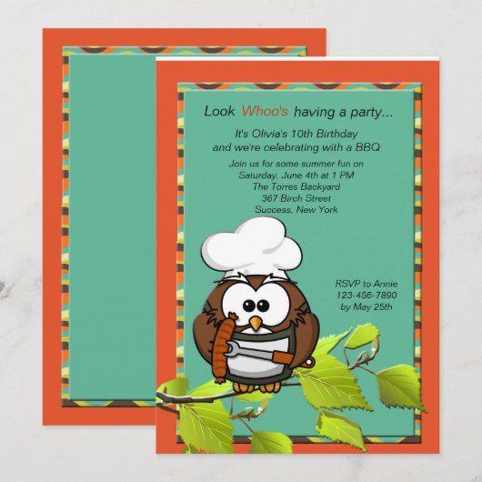 フクロウのクック BBQ 招待状 (正面/裏面)
