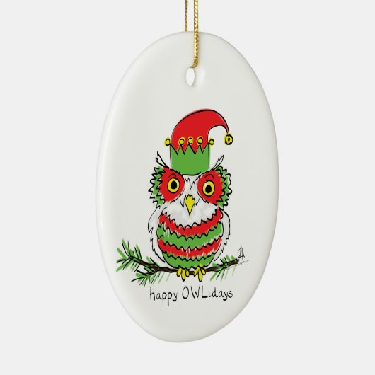 フクロウのクリスマスおもしろい漫画 セラミックオーナメント (右)