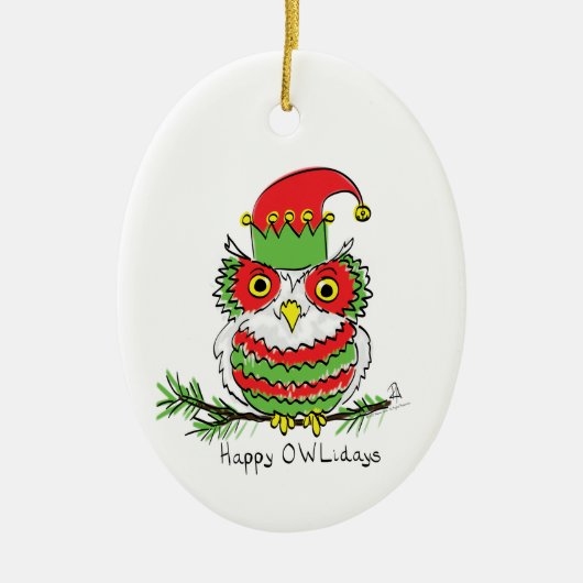 フクロウのクリスマスおもしろい漫画 セラミックオーナメント (正面)