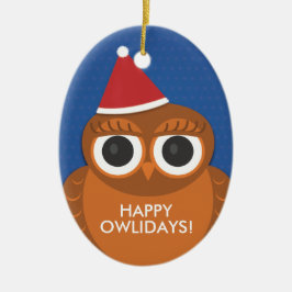 フクロウのクリスマスのサンタの帽子のオーナメント-幸せなOwlidays セラミックオーナメント