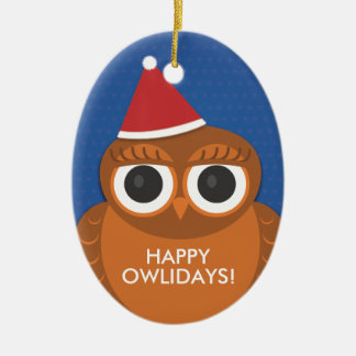 フクロウのクリスマスのサンタの帽子のオーナメント-幸せなOwlidays セラミックオーナメント