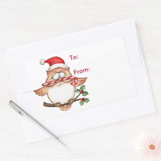 フクロウのクリスマス – ギフトラベル 長方形シール (封筒)