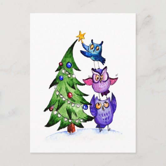 フクロウのクリスマス シーズンポストカード (正面)