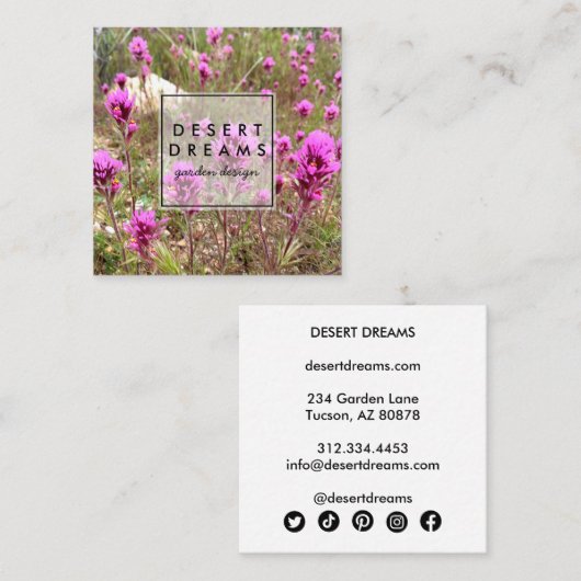 フクロウのクローバーパープルデザートワイルドフラワー写真旅行 スクエア名刺 (正面/裏面)