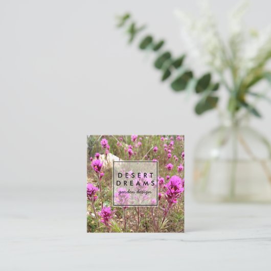 フクロウのクローバーパープルデザートワイルドフラワー写真旅行 スクエア名刺 (スタンド正面)