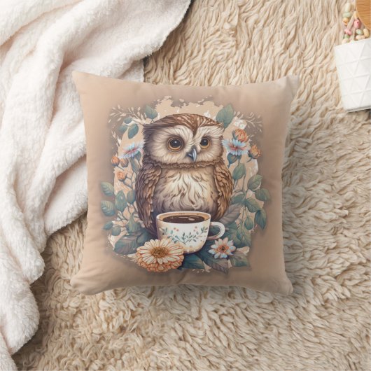 フクロウのコーヒーカップペイント クッション (ブランケット)
