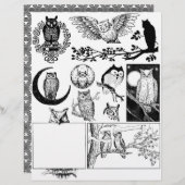 フクロウのゴージャスな白黒のラインアートスケッチ (正面/裏面)