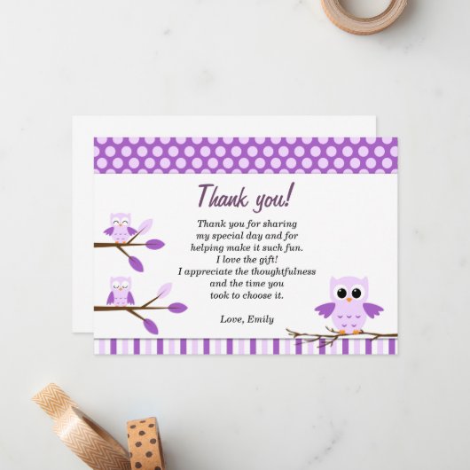 フクロウのサンキューカードのノートの紫色 ノートカード (正面/裏面インサイチュ)