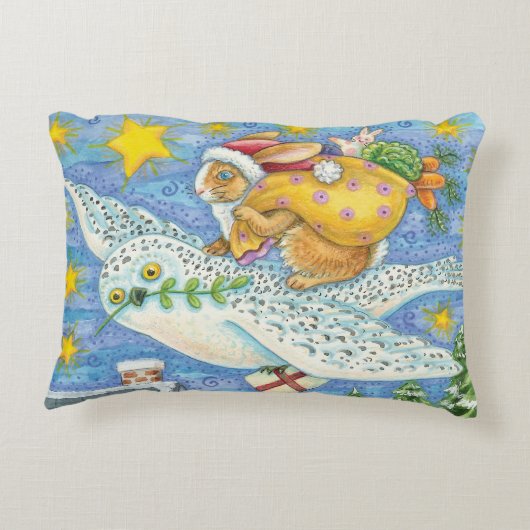 フクロウのサンタ・クロースがウサギを迎える可愛いクリスマス アクセントクッション (裏面)