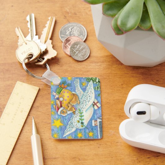 フクロウのサンタ・クロースがウサギを迎える可愛いクリスマス キーホルダー (デスク)