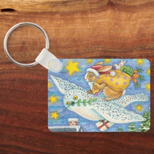 フクロウのサンタ・クロースがウサギを迎える可愛いクリスマス キーホルダー (裏面)